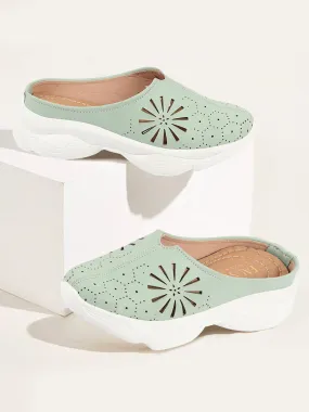 Women Pista Green Laser Cut Design Stitched Breathable Back Open Slip On Mules Shoes