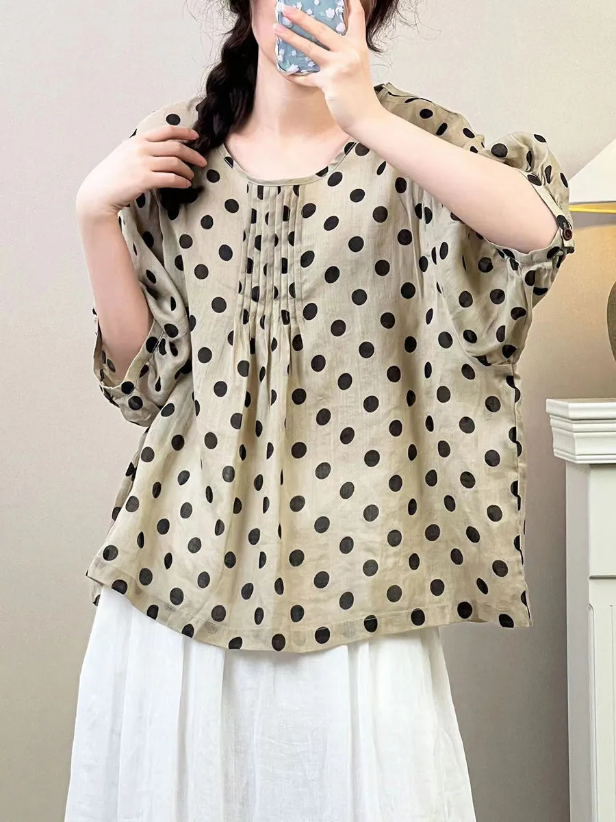 Women Summer Artsy Dot Shirred Ramie Loose Shirt SC1035