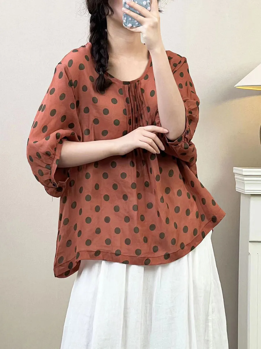 Women Summer Artsy Dot Shirred Ramie Loose Shirt SC1035